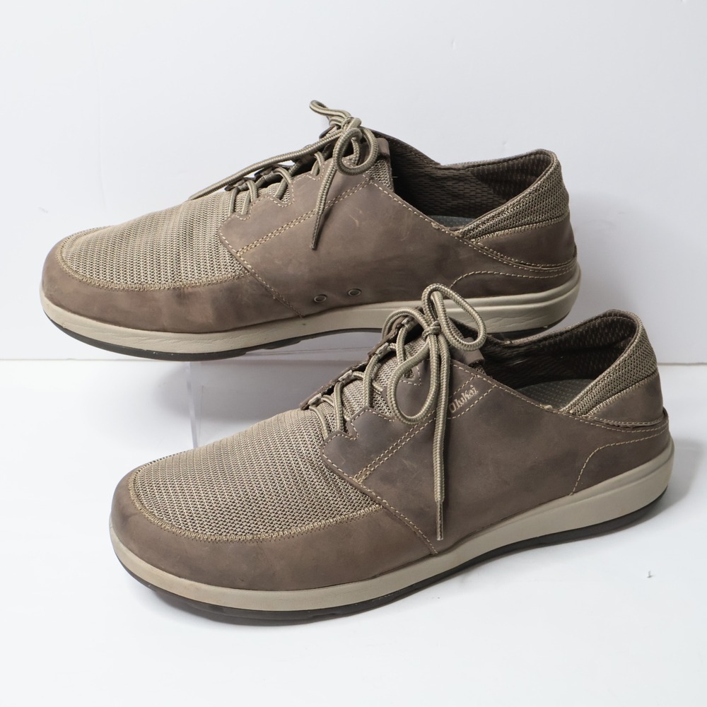 OluKai Makia Lace Mens 13 Brown Leather Mesh Walking Shoes 10362-1028